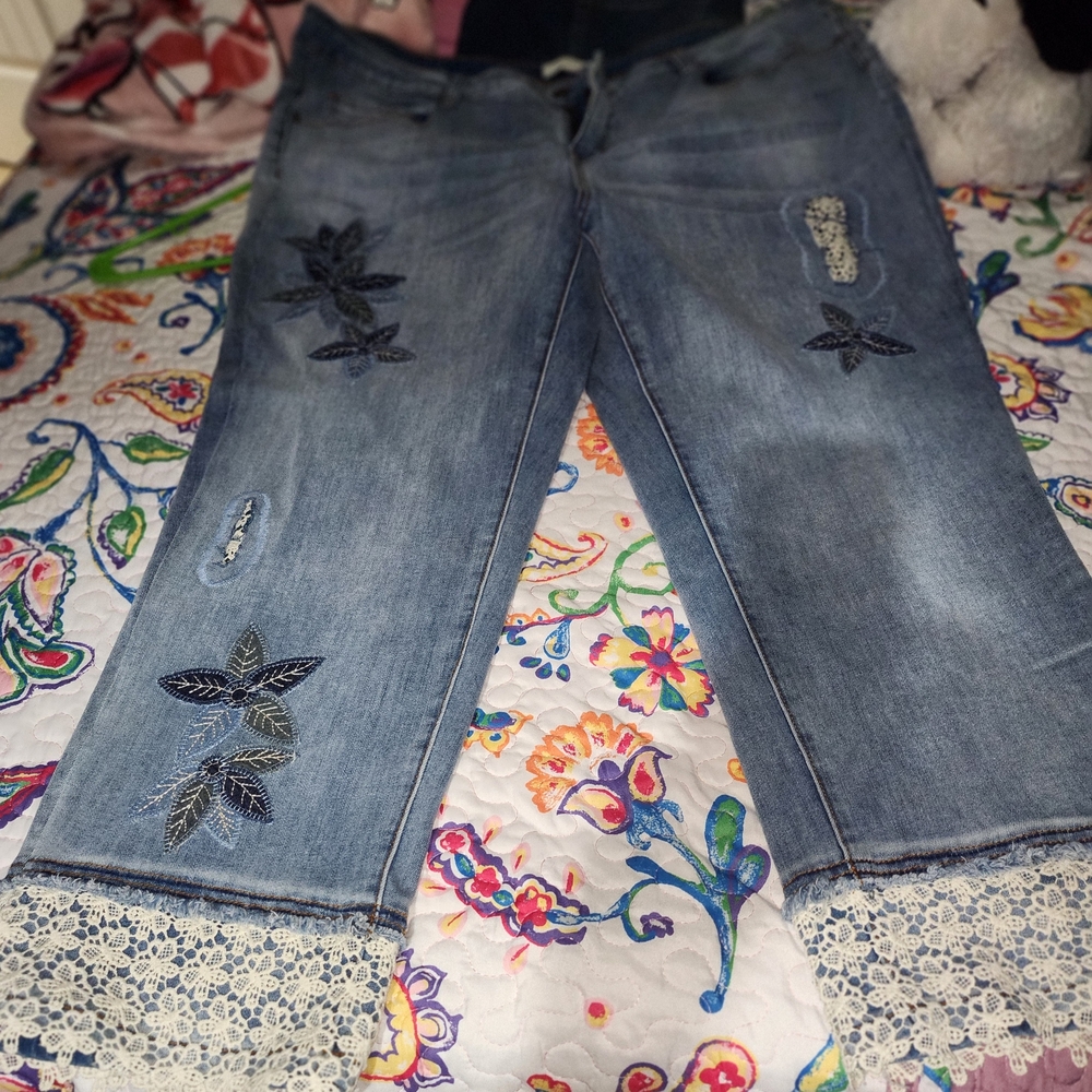 Coldwater Creek Blue Jeans with Floral Embroidery and Lace Trim